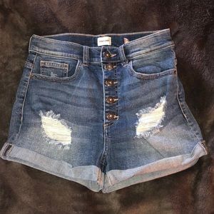 Slightly Distressed Denim High Rise Shorts